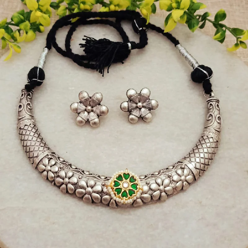 FS Collection Oxidised Plated Kundan Stone Pearls Necklace