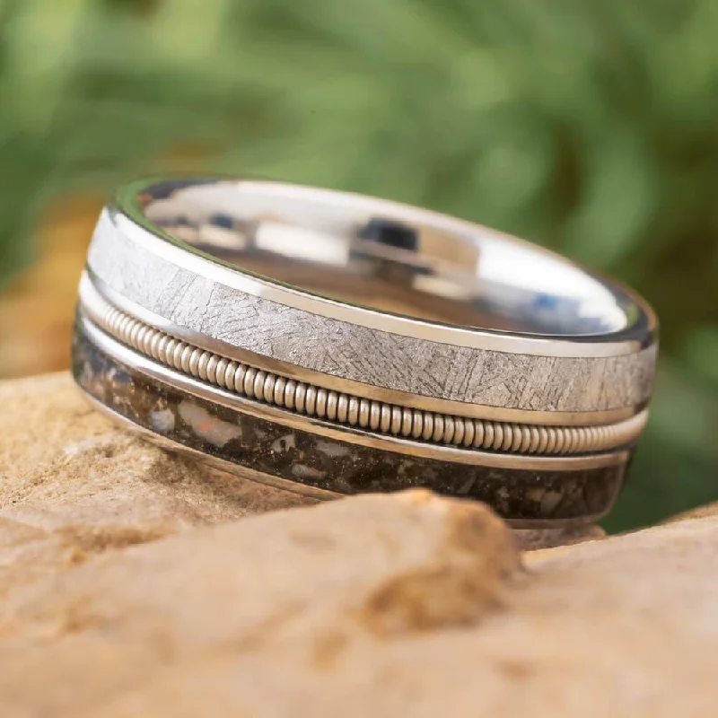 Dinosaur Bone and Meteorite Ring with Guitar String