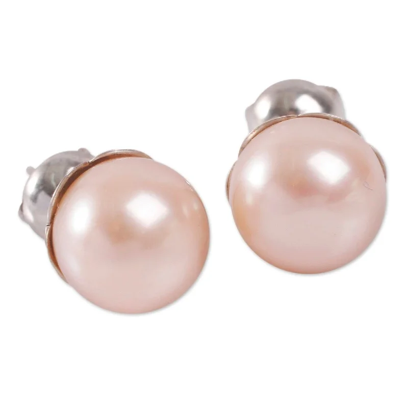 NOVICA Pink Nascent Flower, Cultured pearl stud earrings - 0.3*0.3