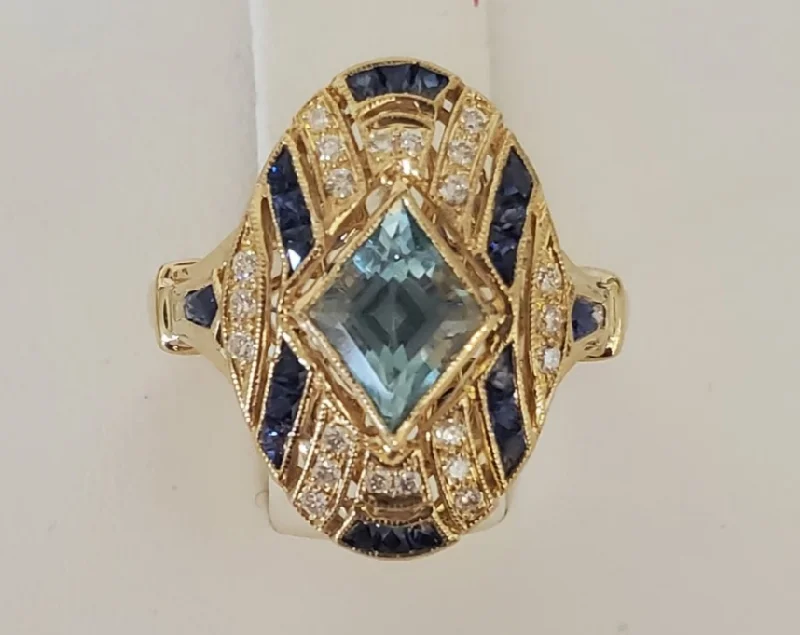 14kt Yellow Gold Aquamarine and Blue Sapphire Ring