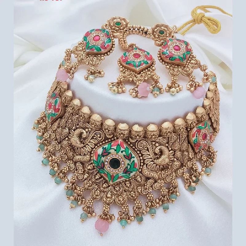 Akruti Collection Gold Plated Pota Stone And Pearls Meenakari Choker Necklace Set