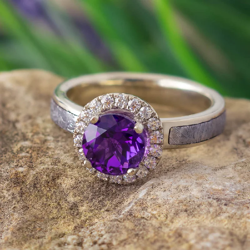 Amethyst Engagement Ring With Moissanite Halo & Meteorite